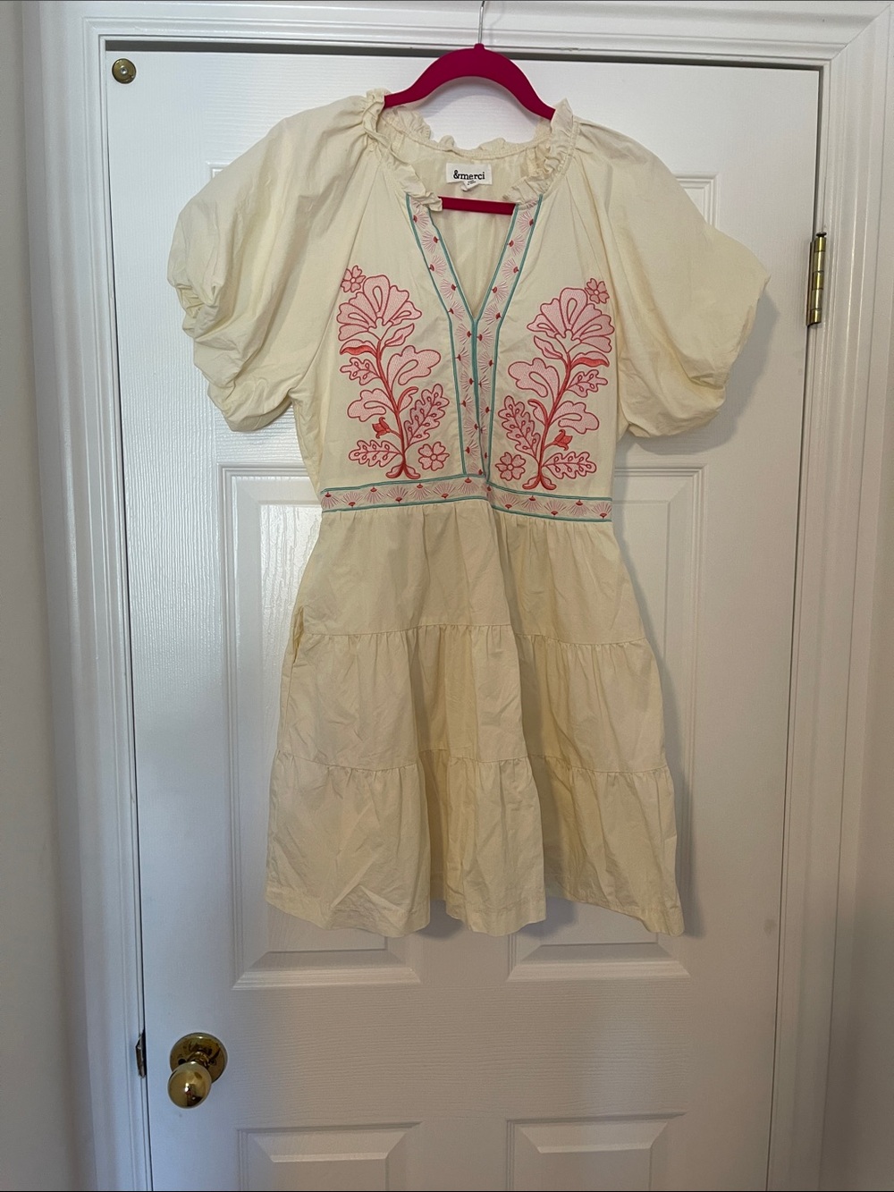 &Merci Embroidered Cream Tiered Mini Dress with Pink Floral Detail